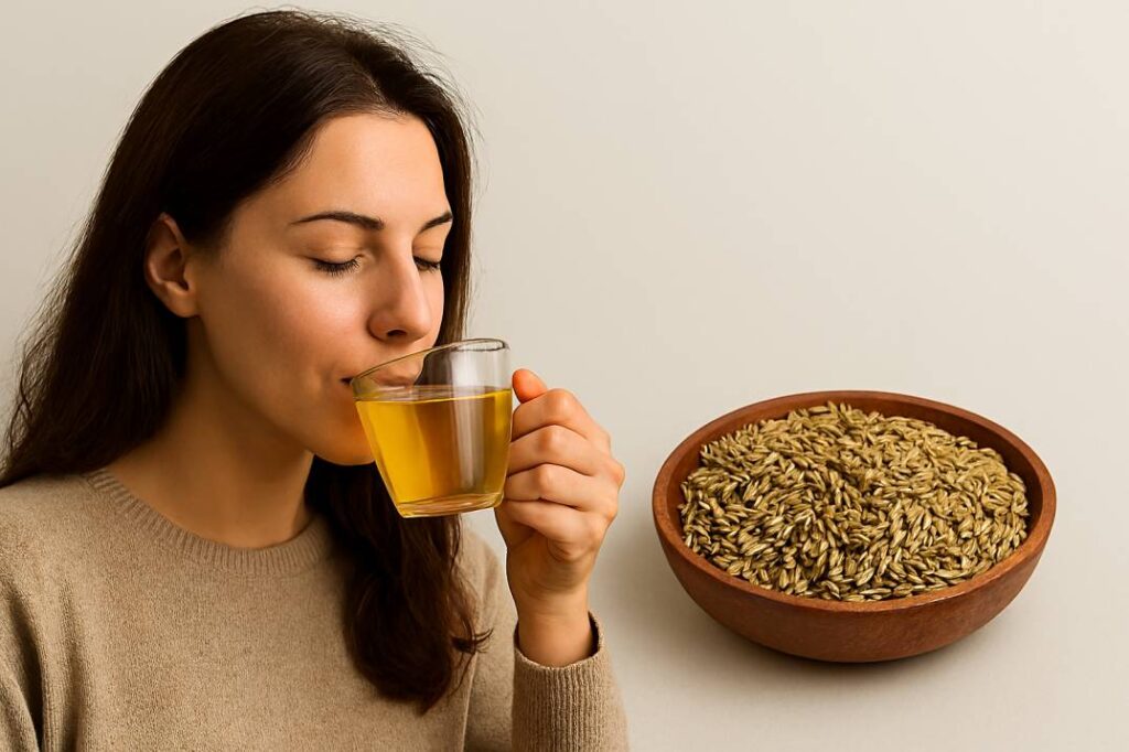 A young woman with long brown hair and a beige sweater peacefully sipping a cup of golden fennel seed tea from a transparent glass. She is seated against a soft beige background. Beside her is a wooden bowl filled with whole fennel seeds.