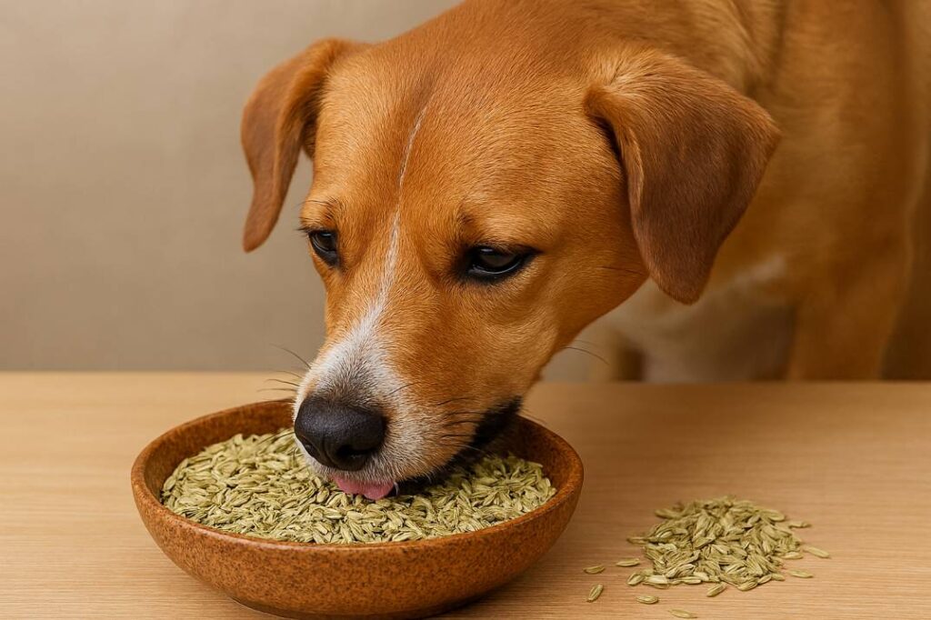 A brown dog with floppy ears eats fennel seeds from a brown ceramic bowl placed on a light wooden surface. A small pile of fennel seeds is scattered beside the bowl. The dog’s tongue is visible as it laps up the seeds, and the background is a soft beige wall.