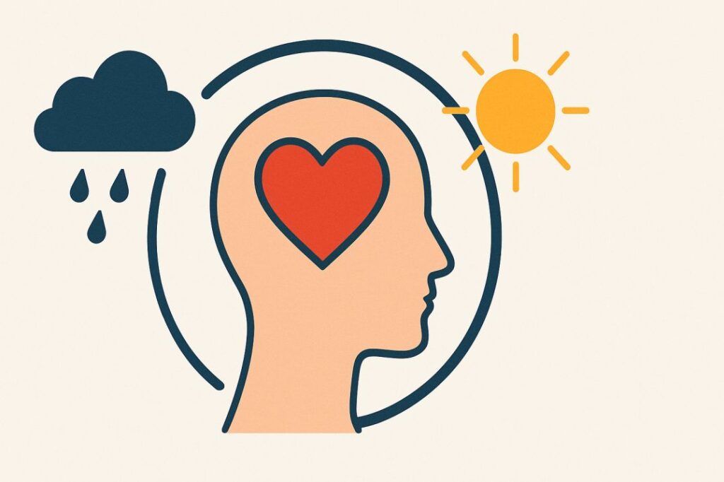 Minimalist illustration of a human head silhouette with a red heart inside the brain area, flanked by a dark blue rain cloud on the left and a bright yellow sun on the right, connected by a curved arc symbolizing emotional balance and mental wellness