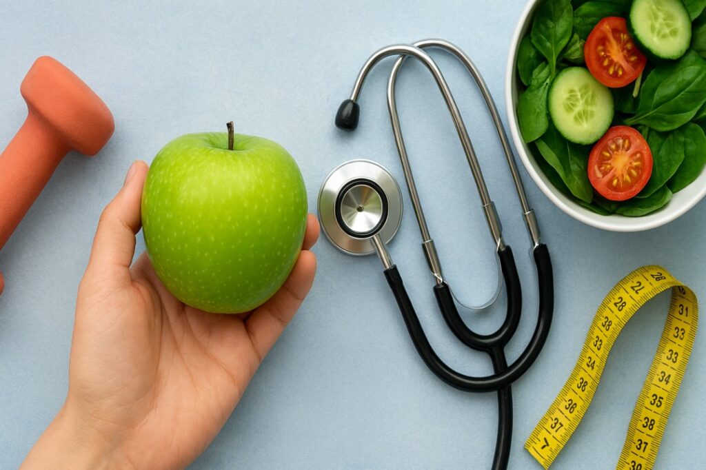 A hand gently holding a fresh green apple, surrounded by symbols of healthy living—a coral dumbbell, a stethoscope, a vibrant salad bowl, and a curled yellow measuring tape—laid out on a soft blue background.