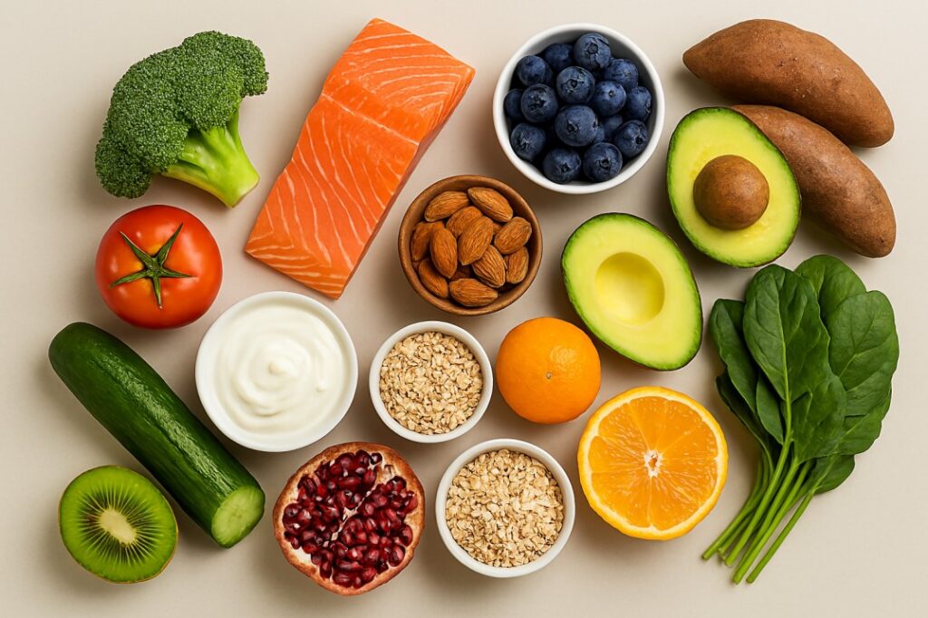 A flat lay arrangement of fifteen colorful, nutrient-rich foods known to support healthy skin. The image includes fresh fruits like blueberries, kiwi, orange, and pomegranate; vegetables such as spinach, broccoli, avocado, cucumber, sweet potato, and tomato; protein-rich salmon; bowls of almonds, rolled oats, sunflower seeds, and yogurt. All items are placed on a light neutral background, showcasing their vibrant colors and textures.