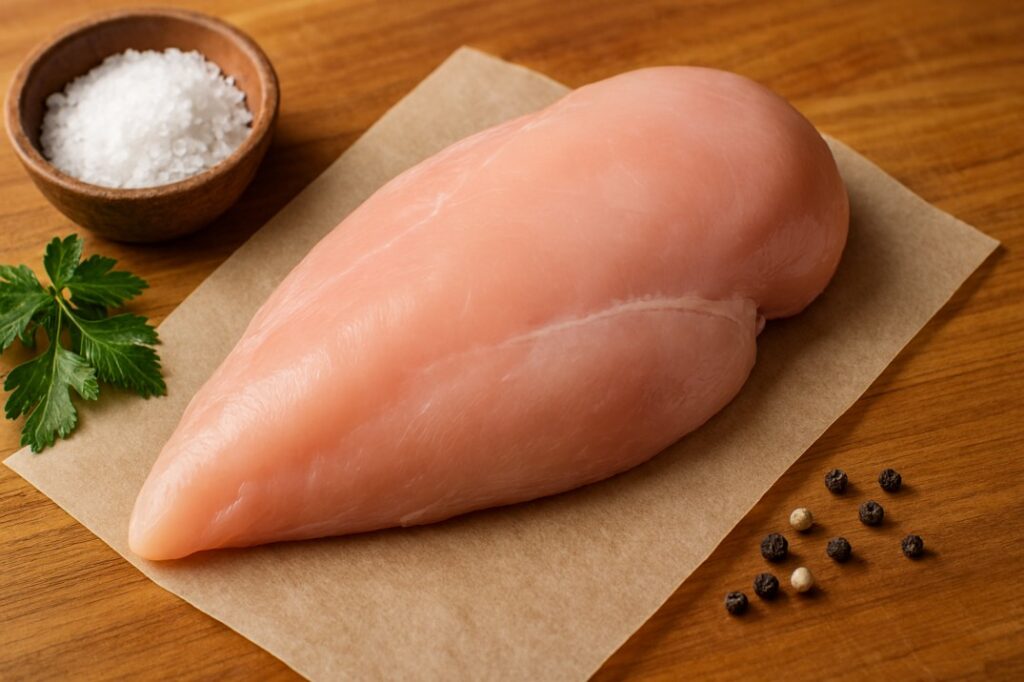 Raw, boneless chicken breast on parchment paper atop a wooden cutting board, with coarse sea salt, fresh parsley, and mixed peppercorns nearby.