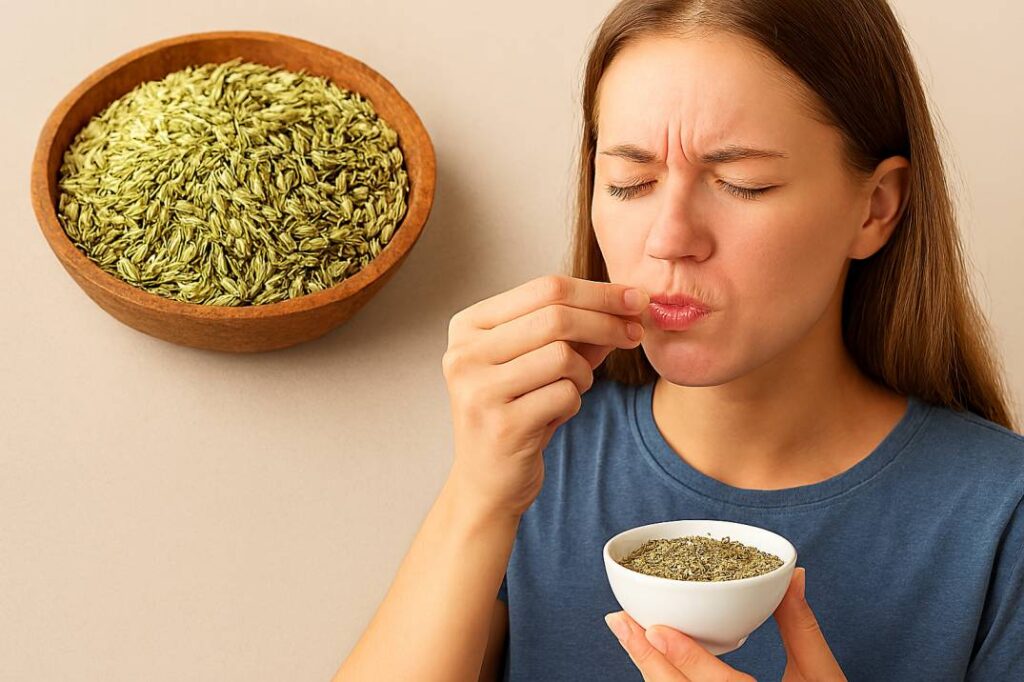 Young woman tasting fennel seeds with curious expression, holding a small bowl; wooden bowl of seeds beside her.