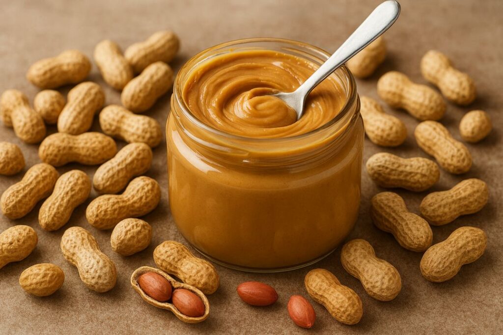 A glass jar filled with smooth, creamy peanut butter sits on a rustic brown surface. A silver spoon is partially submerged in the jar, coated with a thick swirl of peanut butter. Surrounding the jar are numerous unshelled peanuts, some overlapping naturally. In the foreground, an open peanut shell reveals two reddish-brown peanuts nestled inside. The scene is warmly lit, emphasizing the golden-brown tones of the peanut butter and the earthy hues of the peanut shells.