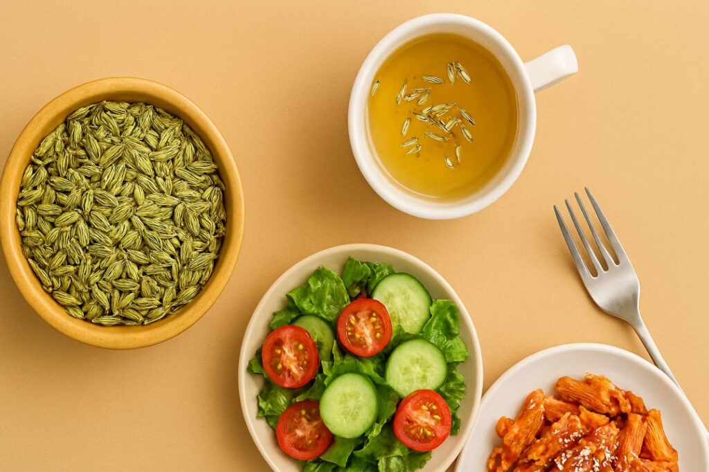 Flat lay of a bowl filled with fennel seeds surrounded by a cup of fennel tea, a fresh salad, and a pasta dish, all arranged on a warm beige background to suggest practical daily uses for digestive wellness.
