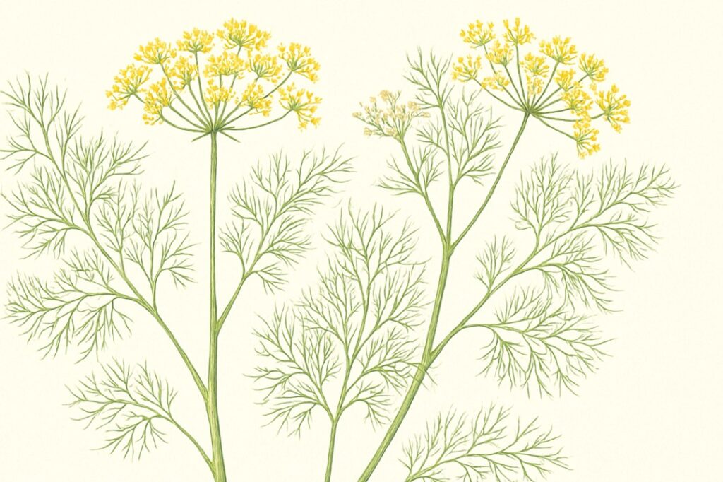 Botanical illustration of fennel plants with feathery green leaves and yellow flower clusters on slender stems, set against a soft off-white background. Let me know if you'd like to adapt this for a health blog, product label, or social media banner.