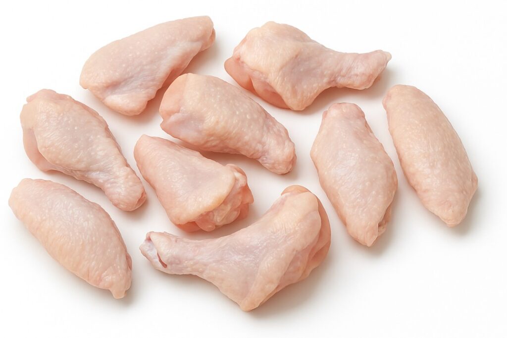 Eight raw chicken wings arranged on a white background. Each wing includes the drumette, flat, and tip, with pale pink skin and a glossy, moist texture. The wings are plump and slightly overlapping, showing natural creases, joints, and subtle fat marbling