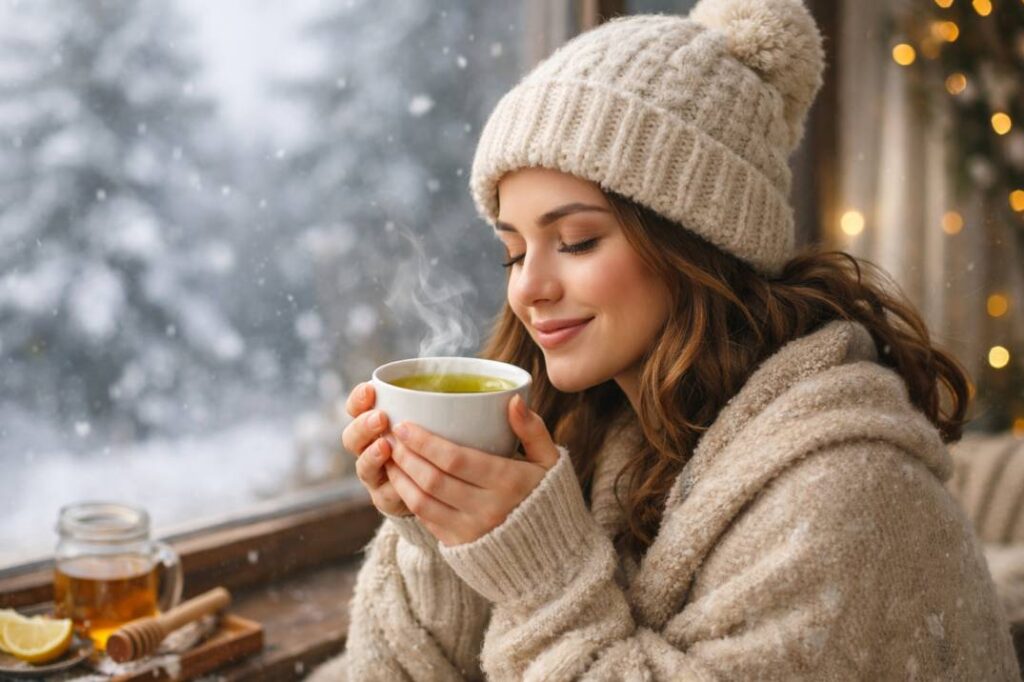 A young woman in a cozy sweater and knit hat enjoying a steaming cup of green tea by a snowy window, with soft sunlight and warm winter atmosphere