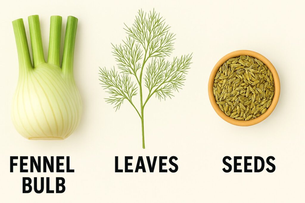 Side-by-side comparison of fennel bulb, feathery green fennel leaves, and a bowl of fennel seeds, each labeled clearly against a light background.