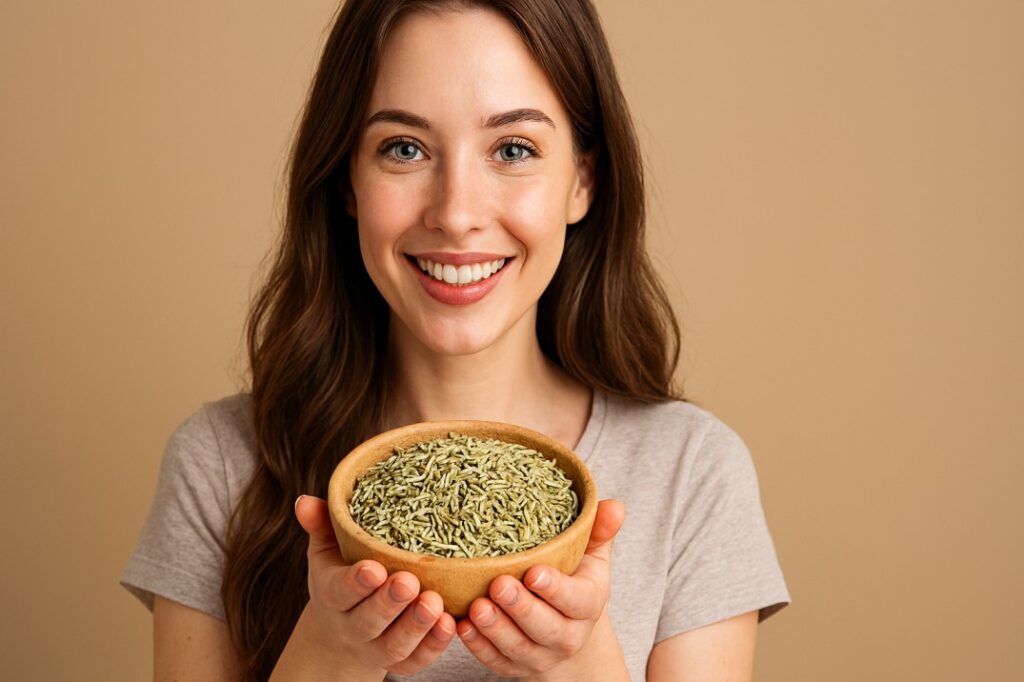 Smiling young American woman with long brown hair holding a wooden bowl filled with fennel seeds against a warm beige background. Let me know if you'd like a version optimized for a specific platform like Instagram, Pinterest, or your health brand site.