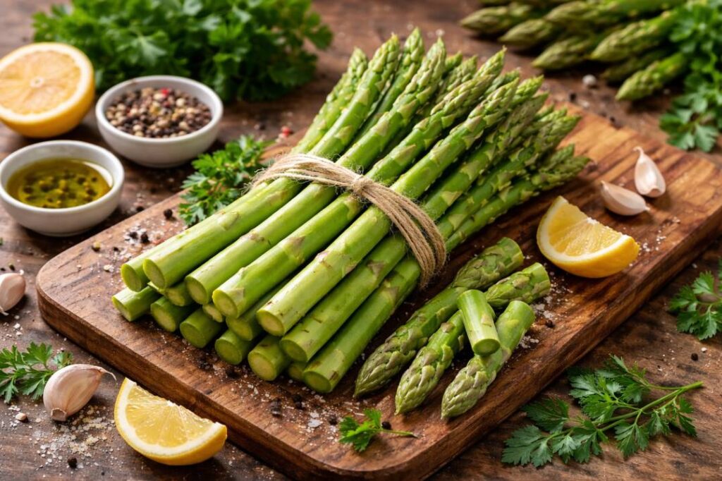 Fresh green asparagus spears neatly tied with twine on a wooden board, surrounded by lemon slices, garlic, herbs, and olive oil in natural light