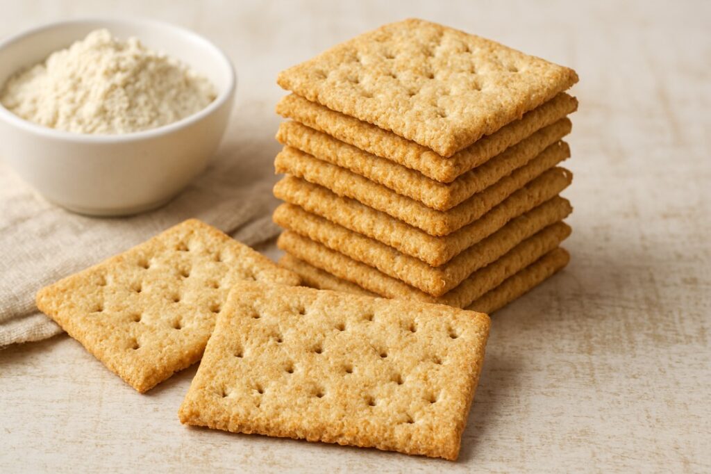 A stack of golden-brown gluten-free crackers on a rustic beige wooden surface, with two crackers laid flat in front and a small bowl of gluten-free flour beside them.