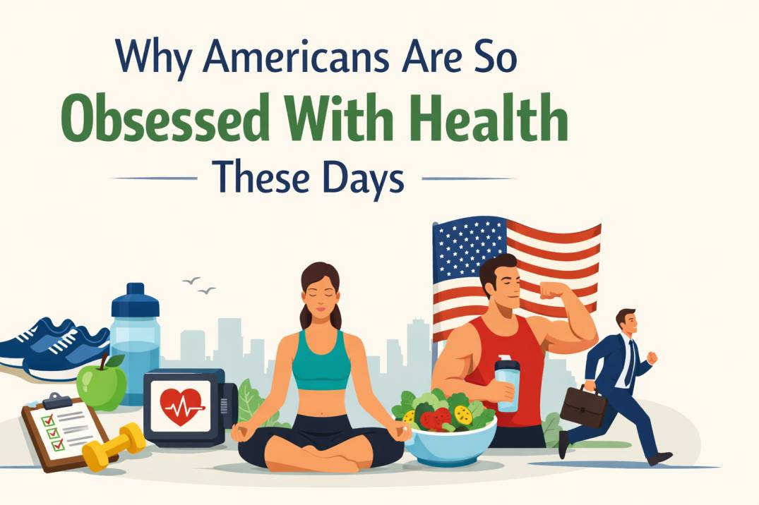 A digital illustration showing a woman jogging and a man meditating, surrounded by health-related items such as a salad bowl, vitamins, a dumbbell, a heart rate icon, and a checklist. The background features a city skyline under a clear sky. The bold title “Why Americans Are So Obsessed With Health These Days” appears at the top.