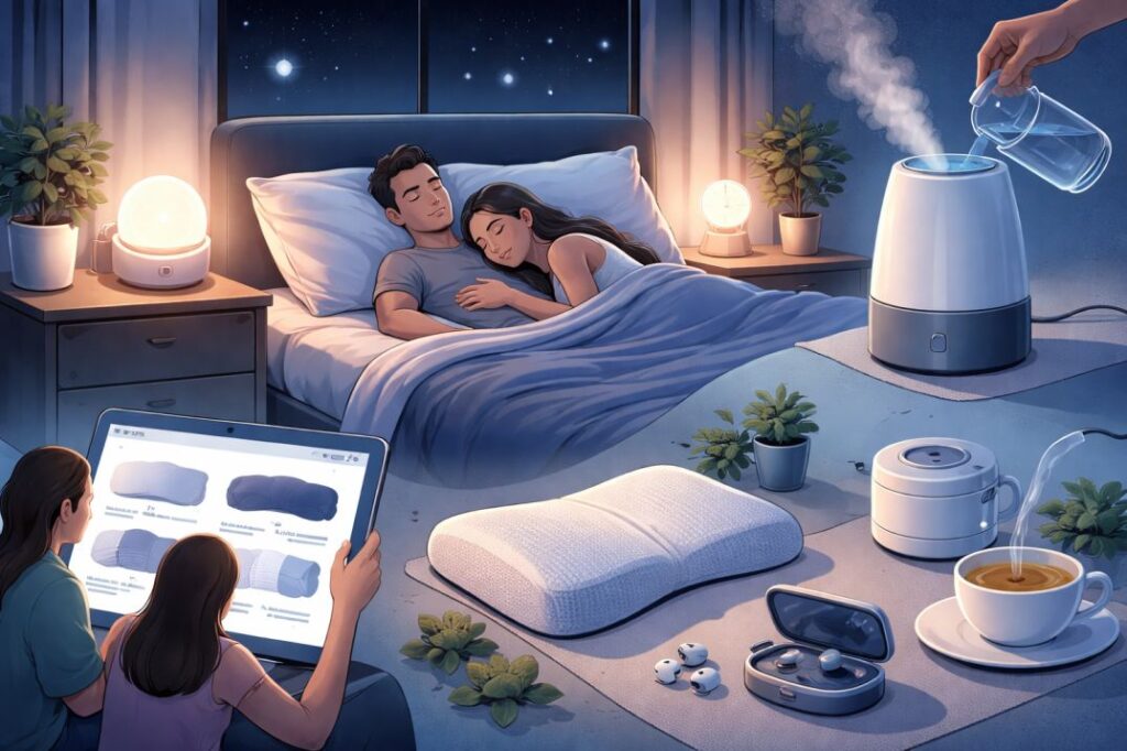 A cozy bedroom scene at night showing a couple sleeping peacefully in a modern bed, surrounded by sleep-enhancing devices like a humidifier, glowing alarm clock, wireless earbuds, and a cup of tea, while another person browses pillows on a tablet. The setting emphasizes calm, rest, and sleep optimization