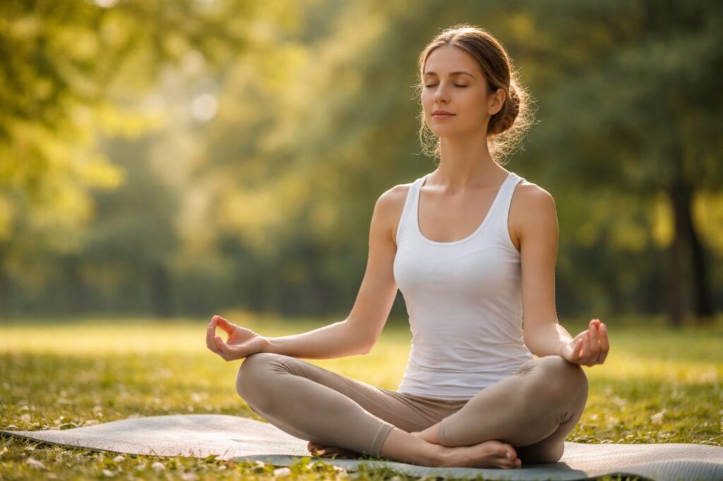A young woman sitting cross-legged on a yoga mat outdoors, meditating peacefully in a calm park with soft natural light and greenery in the background.