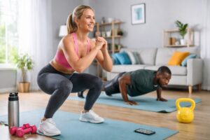 A fit woman in pink sportswear doing squats on a blue yoga mat while a man nearby performs push-ups in a bright, cozy living room with dumbbells, a kettlebell, and natural sunlight streaming in