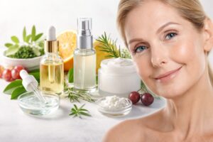 Woman with healthy, glowing skin alongside anti-aging skincare products and natural ingredients on a clean background.