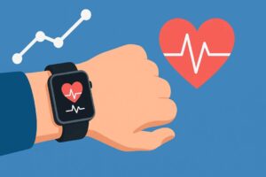 A minimalistic digital illustration of a person jogging outdoors wearing a smartwatch. The watch displays a heart rate icon, and abstract green and blue waves flow from the device, symbolizing health data transmission. The background features soft gradients in calming blue and green tones, evoking a sense of wellness and technology.