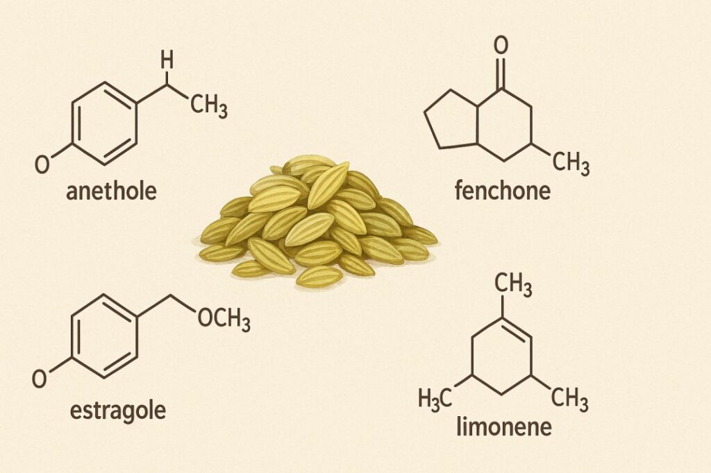 A digital illustration showing four chemical structures—anethole, fenchone, estragole, and limonene—arranged around a central pile of fennel seeds. Each compound is depicted with its molecular structure in black lines on a beige background. The fennel seeds are light green and brown, elongated with ridges, forming a small mound in the center.