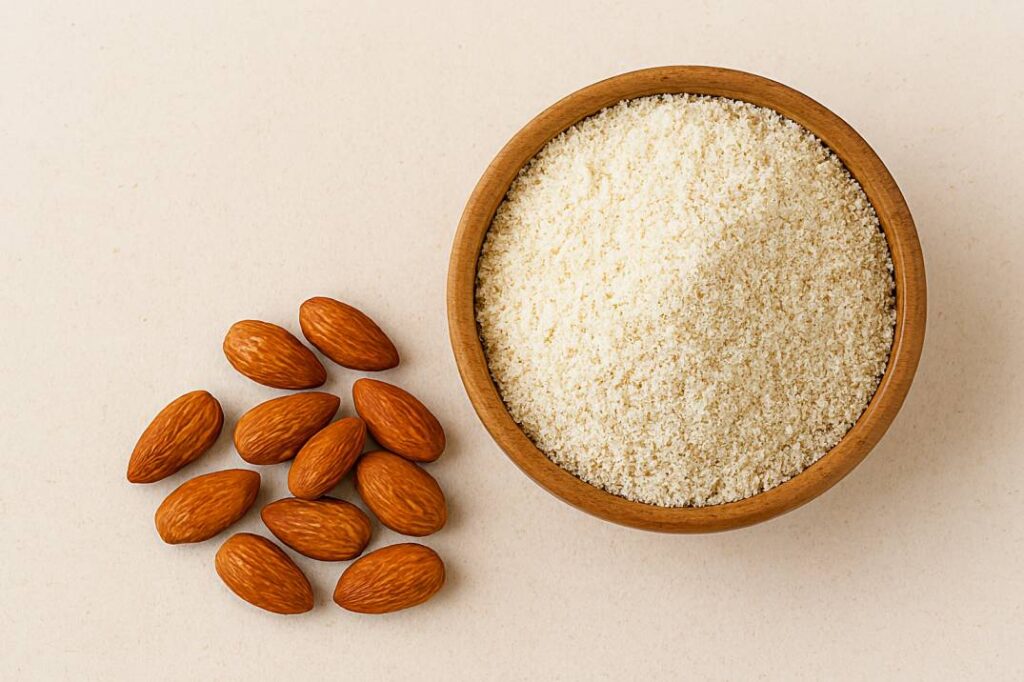 A ceramic bowl filled with finely ground almond meal flour sits on a wooden surface, surrounded by a scattered handful of whole almonds. The background features soft natural lighting and a blurred kitchen setting, creating a warm, wholesome atmosphere.