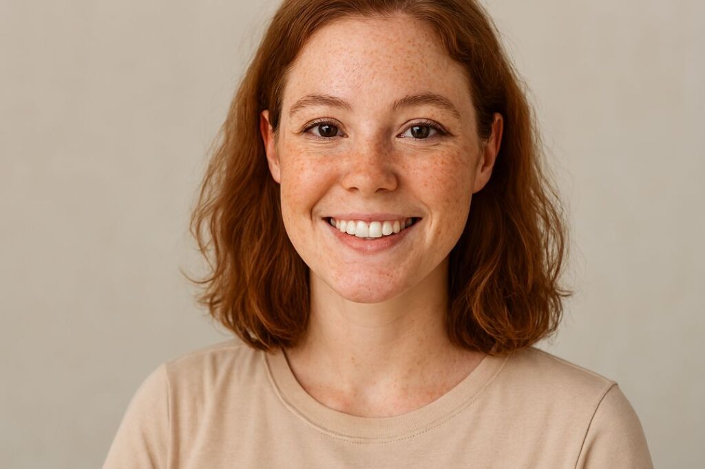 A young Caucasian woman with shoulder-length, naturally wavy red hair and freckles smiles warmly at the camera. She has a fair complexion with rosy cheeks and light brown eyes. She wears a beige crew-neck T-shirt and stands against a softly textured, neutral-toned background. The lighting is gentle and even, highlighting her healthy, glowing skin.