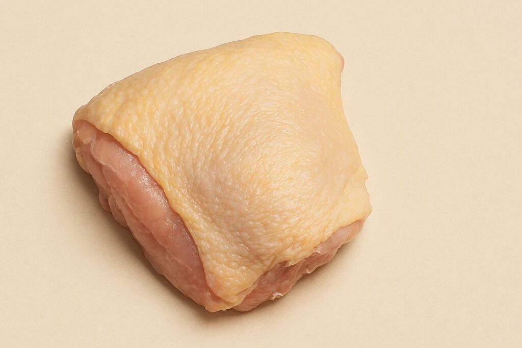 Raw chicken thigh with skin on a neutral beige background.
