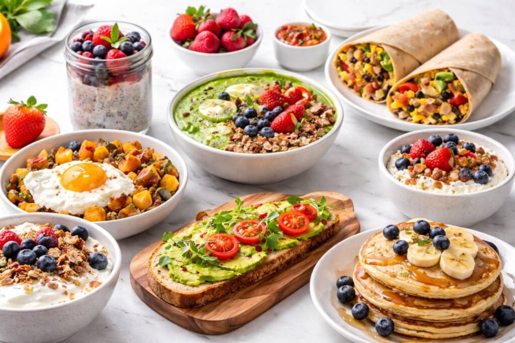 Assorted gluten-free breakfast dishes including avocado toast, smoothie bowls, pancakes with bananas and blueberries, sweet potato hash, chia pudding, breakfast burritos, and yogurt parfaits, neatly arranged on a bright table.