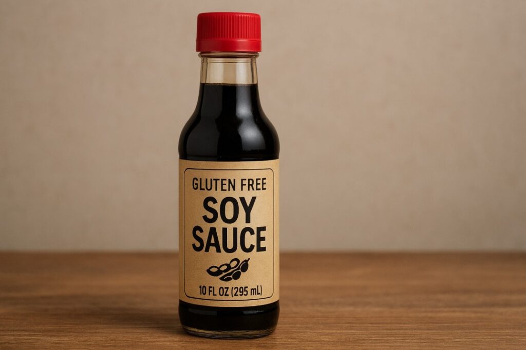 Gluten-free soy sauce bottle on wooden surface with warm lighting and neutral background
