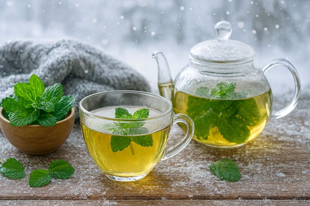 A steaming glass cup of mint tea sits on a wooden table dusted with snow, surrounded by fresh mint leaves, a glass teapot filled with golden tea, and a cozy gray knit blanket, with a snowy outdoor background softly blurred.