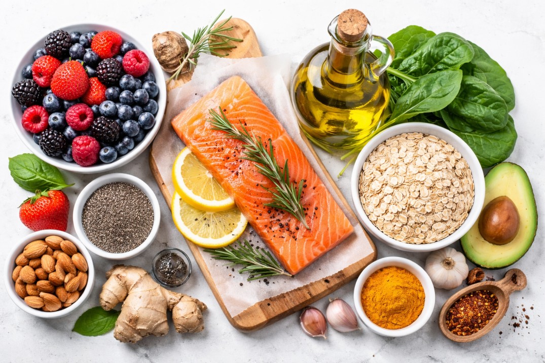 Fresh anti-inflammatory foods including berries, salmon, oats, olive oil, leafy greens, and spices arranged on a clean kitchen surface