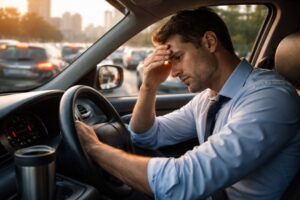 A stressed American commuter in his 30s sitting in his car during morning traffic, wearing a light blue shirt and loose tie, rubbing his forehead with a coffee mug nearby, as sunlight filters through the windshield, highlighting the fatigue and long commute.