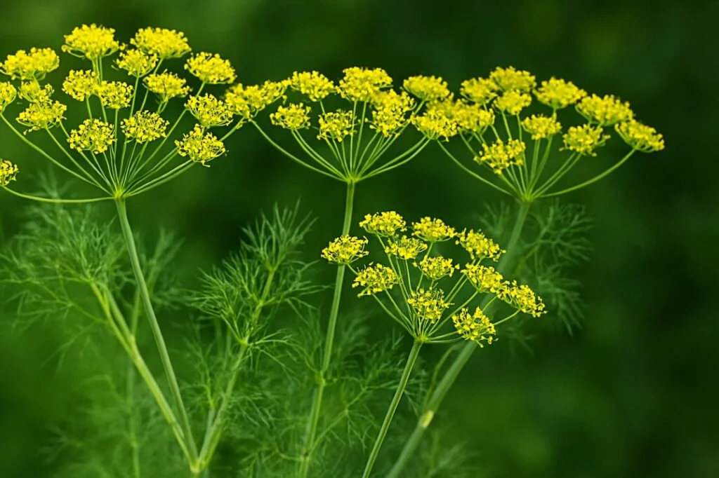 Close-up of Foeniculum vulgare (fennel) plants with bright yellow umbel-shaped flowers and feathery green leaves against a soft-focus green background. Would you like a version optimized for Pinterest, Instagram, or health blog SEO?