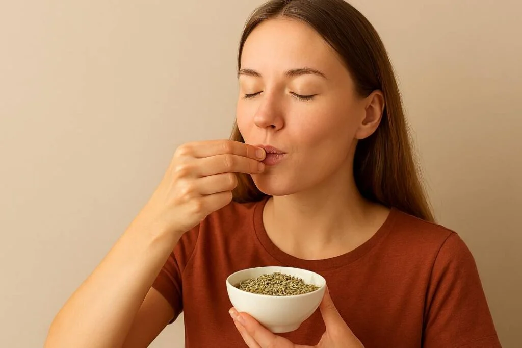 Beautiful woman with long hair and rust-colored shirt gently eating fennel seeds from a small white bowl.