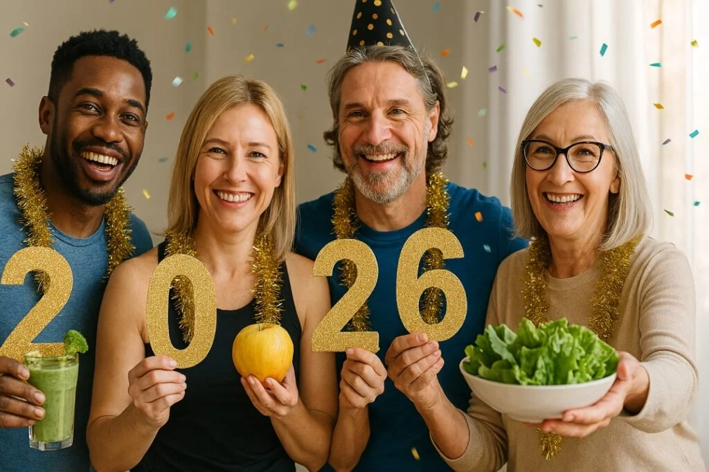 our smiling adults celebrating New Year 2026 with healthy food and drinks, wearing festive gold tinsel and holding glittery “2026” numbers, surrounded by colorful confetti.