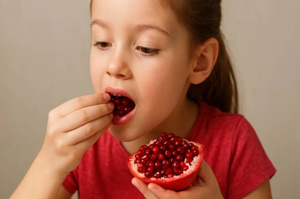 Young girl with light brown hair eating pomegranate seeds from a halved fruit, wearing a red shirt, against a neutral beige background