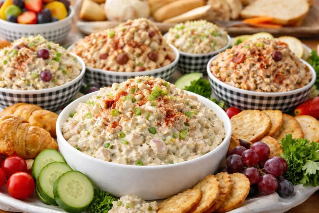 Creamy chicken salad served in a white bowl, garnished with green onions and paprika, surrounded by crackers, croissants, cucumbers, grapes, and fresh vegetables.