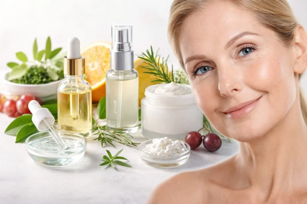 Woman with healthy, glowing skin alongside anti-aging skincare products and natural ingredients on a clean background.