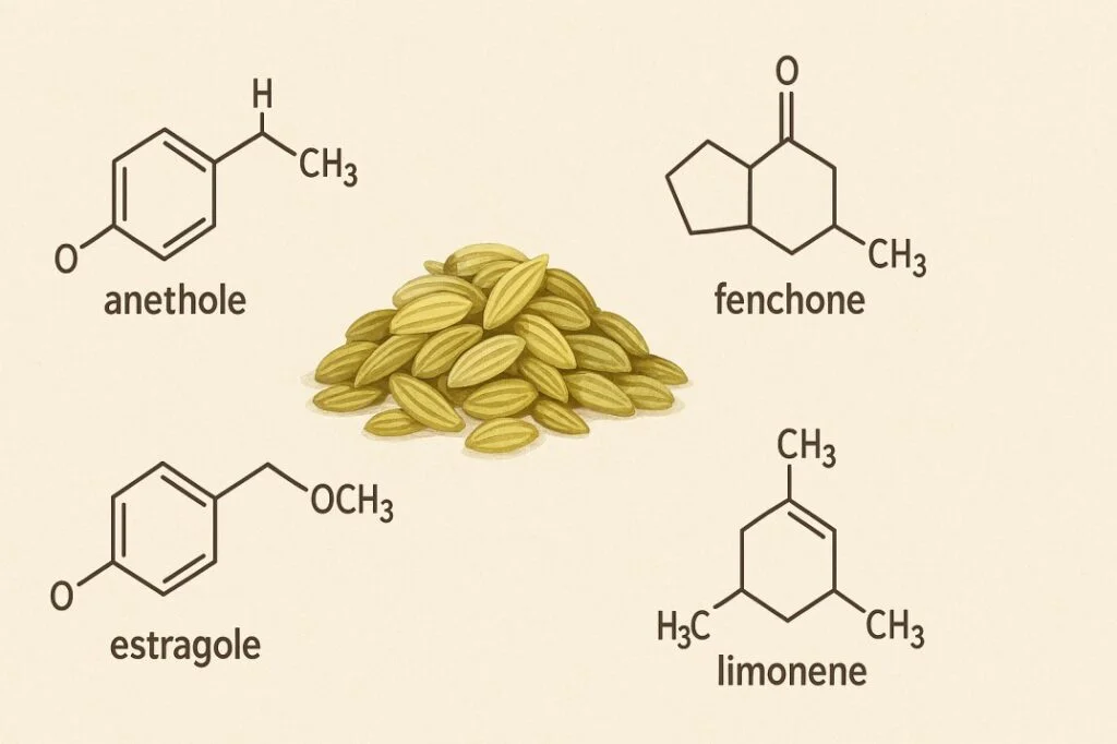 A digital illustration showing four chemical structures—anethole, fenchone, estragole, and limonene—arranged around a central pile of fennel seeds. Each compound is depicted with its molecular structure in black lines on a beige background. The fennel seeds are light green and brown, elongated with ridges, forming a small mound in the center.