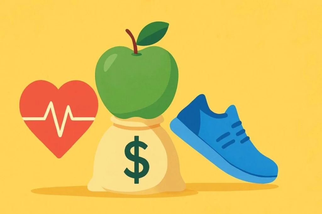 Illustration showing a green apple, money bag, heart with ECG line, and running shoe symbolizing the balance between health and wealth