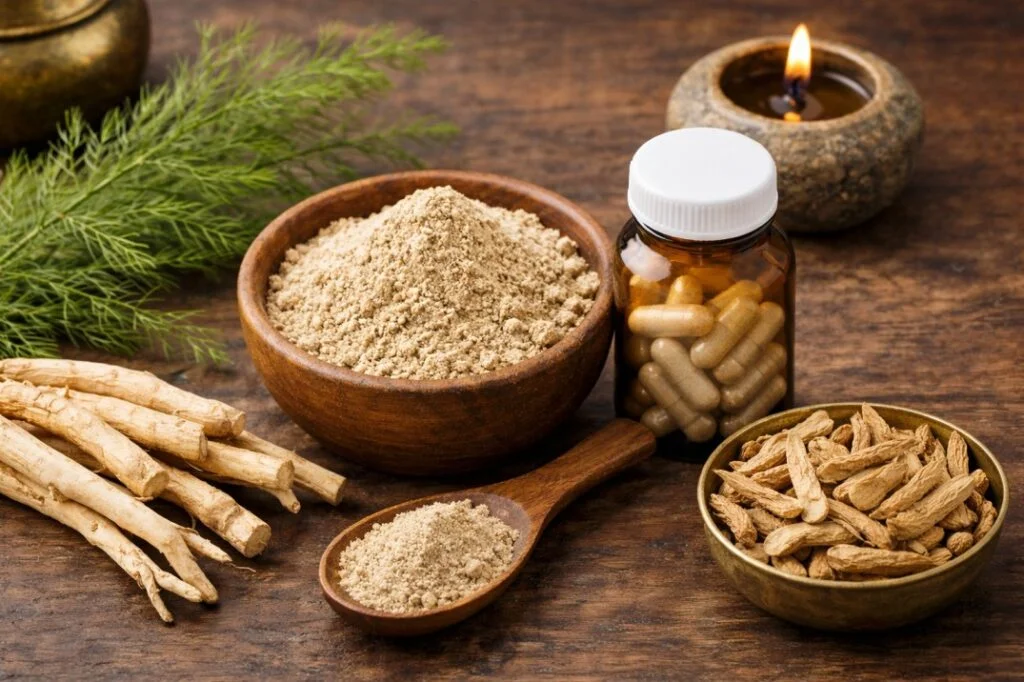 Natural Shatavari powder in a wooden bowl with dried roots and capsules on a rustic wooden background, representing Ayurvedic herbal wellness.