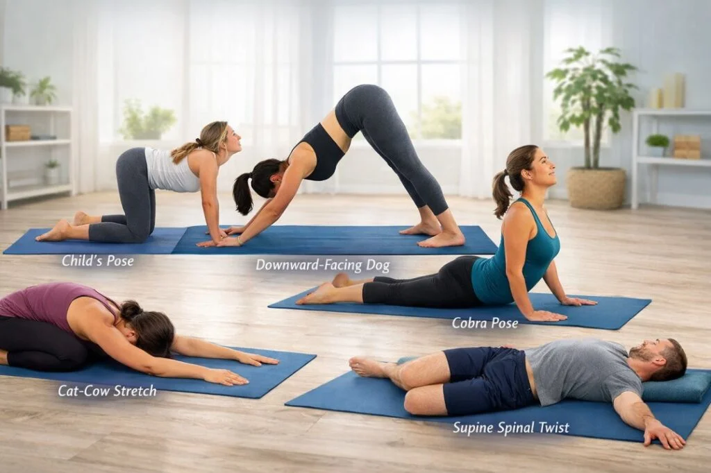 Five yoga poses for back pain relief including Child’s Pose, Cat-Cow Stretch, Downward-Facing Dog, Cobra Pose, and Supine Spinal Twist, demonstrated on yoga mats in a bright, modern room. Each pose is labeled with small text, showing gentle stretches for improving flexibility, posture, and spinal health