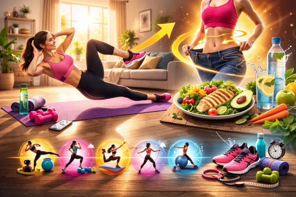 Woman doing a side core exercise on a yoga mat in a bright living room, with healthy food, dumbbells, water bottle, and fitness accessories placed nearby, representing home workout and healthy lifestyle.