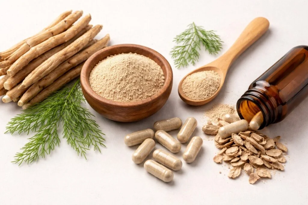 Natural Shatavari root, powder, and capsules used in traditional herbal wellness.