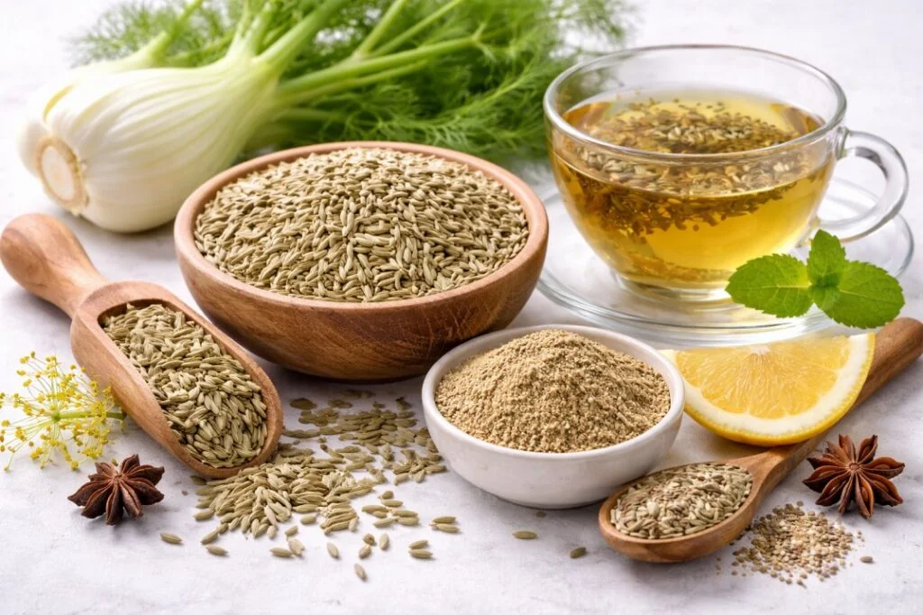 A flat-lay arrangement of fennel in various forms, including fresh bulbs, dried seeds in wooden bowls, ground powder, and a glass cup of brewed fennel tea with lemon and mint.