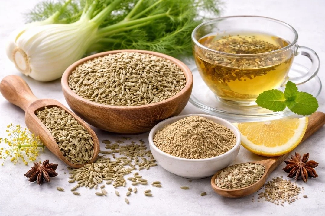 A flat-lay arrangement of fennel in various forms, including fresh bulbs, dried seeds in wooden bowls, ground powder, and a glass cup of brewed fennel tea with lemon and mint.